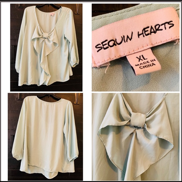 Sequin Hearts Tops - Mint Green Dressy Bow Top Size XL